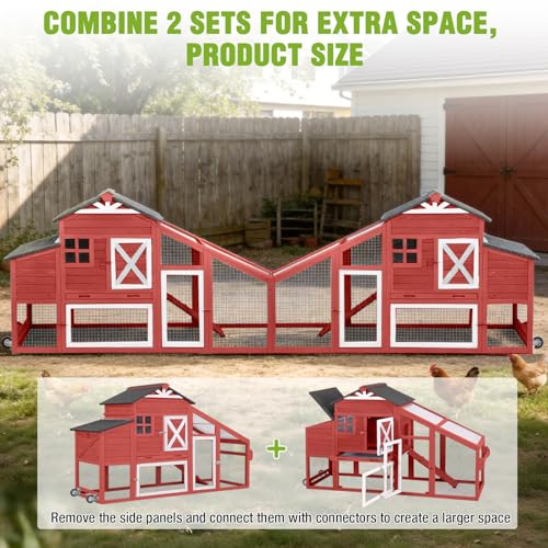 GUTINNEEN Chicken Coop with Wheels for 2-4 Chickens, Large Wooden Outdoor Hen House with Run, Waterproof & UV-Resistant Roof, Removable Leakproof Tray and Divided Nesting Box– Red - color: (Red-AIR32)