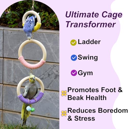 3-Ring Bird Wooden Swing with Bell Climbing Toy Chewable Cotton Rope Perch | 17 Inch for Cage Cockatiels Budgies Parakeets Lovebirds