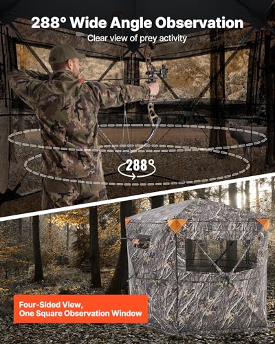 VEVOR Hunting Blind，See Through Ground Blinds with Carrying Bag, 360 Degree Portable Camouflage Tent，Durable Concealed Shelter with Silent Side Door and Window, for Turkey and Deer - size: 6-7 Person（288° See Through ）