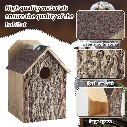 Weysat 1 Pack Screech Owl House for Outdoor Owl Nesting Box for Outside 12 x 12 x 19 Inch Cedar Wood Weather Resist Hang Handcraft Bark Shelter for Owls Bird Wildlife Lovers Garden Decor Easy Assembly