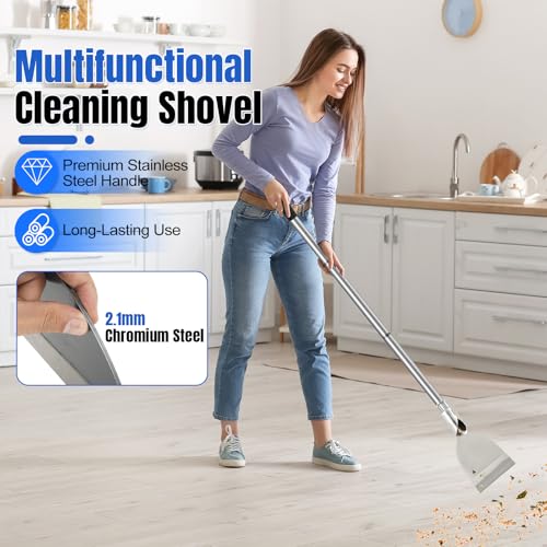 Paint Floor Scraper Tool, Wallpaper Removal, Garden Flat Shovel | for Sticker Remove, Tile Gum Glue Stains Cleaning Tools, Snow Ice Shovel for Driveway-Long Handle Stainless Steel