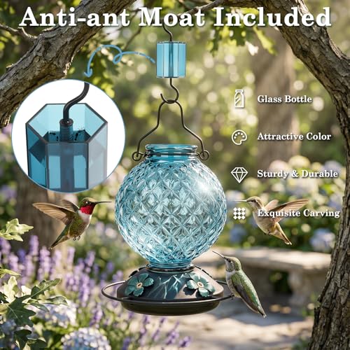 2 Pack 25 OZ Glass Hummingbird Feeder for Outdoors, Leak Proof Hummingbird Feeder with Ant Moat, 4 Bee Resistant Feeding Ports, Easy Clean Wide Mouth Design, Hanging Nectar Feeder, Blue - color: Blue - 2