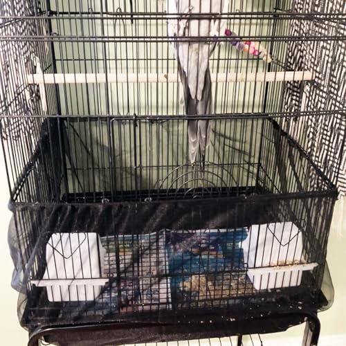 Bird Cage Seed Catcher, Large Bird Cage Cover, 75-118'' Universal Adjustable Birdcage Cover Skirt Soft Airy Nylon Mesh Net for Parakeet Macaw African Round Square Cage, Black - color: Black