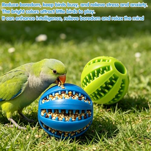 2Pcs Parrot Foraging Toys Bird Chew Balls, Interactive Feeder Treat Dispenser for Small Medium Birds Conure Parakeet Cockatiel, Long-Lasting Plastic Hanging Bell (Green & Blue)