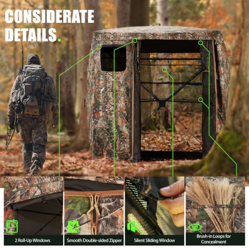 Hunting Blind 270 Degree See Through Ground Blind - 2-3 & 3-4 Person Pop Up Deer Blind for Hunting with Carrying Bag - 300D Reinforced Portable Durable Blind for Turkey and Deer - size: 1-2 Person(270° See Through)