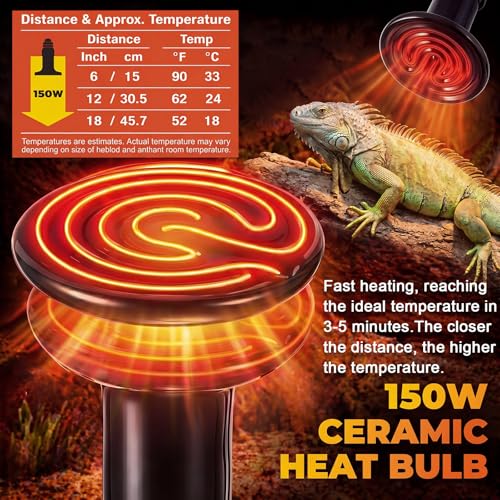 6 Pack 150W Ceramic Heat Emitter, No Light Reptile Heat Lamp Bulb for Bearded Dragon Tank, Chicken Brooder and Coop, E26 Ceramic Heater Bulb for Large Terrarium - style: 150W