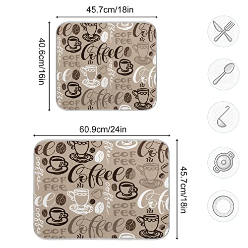 Brown Coffee Dish Drying Mat - 16 x 18 Inch Reversible Microfiber Kitchen Mat with High Absorbency - color: coffee theme, size: 16" x 18"