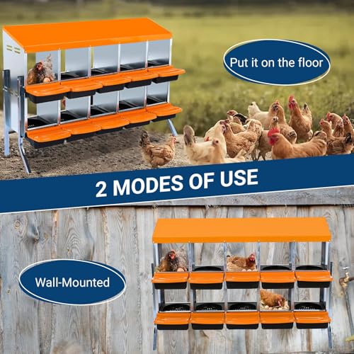 Chicken Nesting Box，Orange 10 Hole Chicken Laying Box with Bracket, Tray for Egg Collection, Large Holes for Ventilation, Suitable for Chickens & Ducks - color: Orange, size: 10 Holes with legs