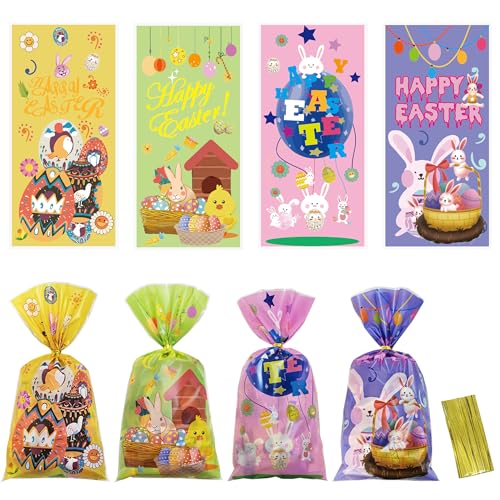100 Pcs Easter Cellophane Treat Bags - 5 x 11 in Clear Candy Bags with 110 Gold Twist Ties for Kids - 2.8 Mil Thick Happy Easter Goodie Bags for Cookies, Snacks, Party Favors & Gift Packaging - color: Easter 100pcs