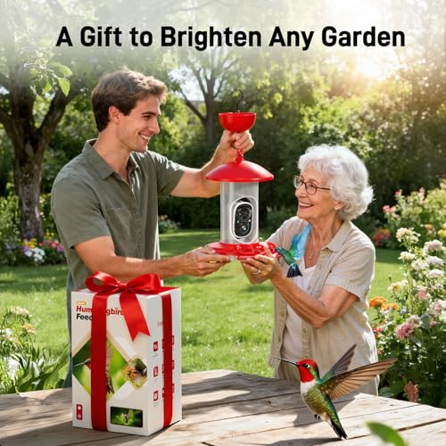 Hummingbird Feeder with Camera Outdoor, 5MP HD Smart Hummingbird Feeder Camera Solar Powered, AI Bird Identification, Ant Moat & Bee Proof, APP Alerts, Hanging or Pole Mount, Gift for Bird Lovers