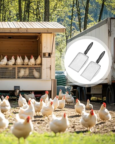 Chicken Poop Scooper for Coop,2 Pack Chicken Coop Poop Scoop Shovel with 3.8mm & 5mm Mesh, Metal Chicken Coop Rake and Scoop Tool,Scooper Shovel for Sifting Sand, Litter, Chicken Supplies