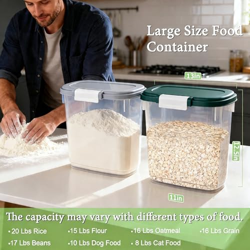 Rice Storage Container 15-20 Lbs, Tall Flour Bin Container with Scoop, Cup | Slim Dry Food Container Storage Bin for Cereal, Sugar, Beans, Pet, Dog, Cat Food, Kitchen and Pantry Storage Organization - color: Gray White