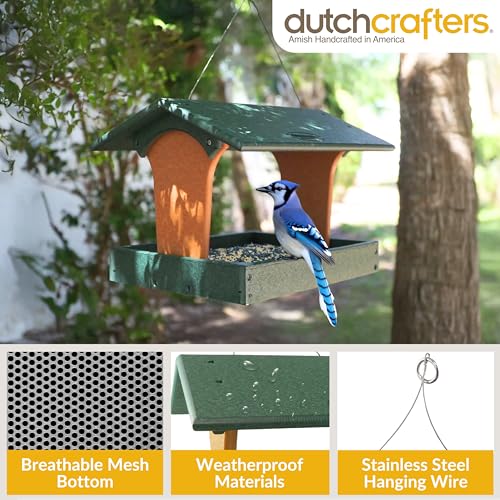 DutchCrafters Plastic Poly Covered Roof Hanging Fly Through Bird Feeder Open Side Platform Seed Tray for Outside Outdoor Garden - Amish American Made in USA (Tudor Brown & Weatherwood) - color: Tudor Brown & Weatherwood