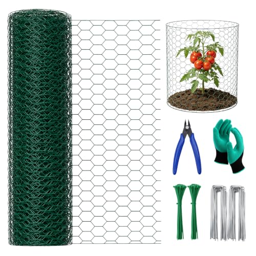 16in x 40ft PVC Coated Chicken Wire Mesh Fence | Garden Barrier Cloche & Tree Trunk Guards Kit with 100 Zip Ties, 30 U-Stakes, Gloves & Pliers for Outdoor Plant Protection - size: 40Ft x 16In
