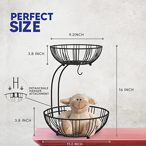 Fruit Basket For Kitchen Counter - Fruit Basket With Banana Hanger - Double Layer Metal Wire Fruit Bowl For Countertop - Fruit Holder For Produce, Vegetables