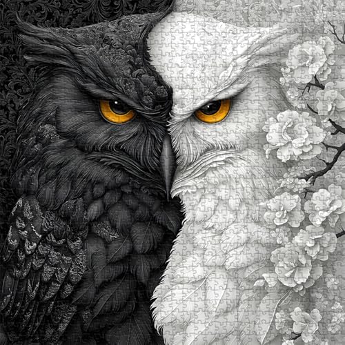 Yin Yang Owl Puzzle for Adults 1000 Pieces，Black and White Puzzles Owl Flowers, Impossible Difficult Hard Bird Jigsaw Puzzle, Animal Floral Art Challenge Puzzle Aesthetic - style: PT-986-Yin Yang Owl Puzzle