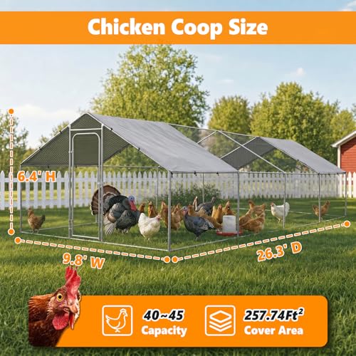 Metal Chicken Coop with Waterproof Pitched Roof, 26.3×9.8×6.4ft | Thickened Steel Frame, Predator-Proof Wire, Weatherproof & UV Resistant Cover, Detailed Assembly Guide & Tool Kit - size: 315.6"L x 118.1"W x 76.8"H
