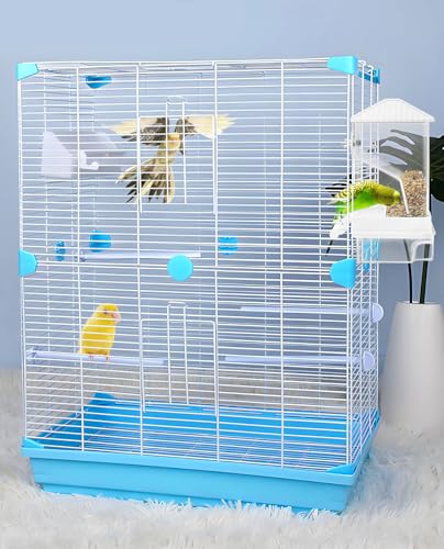 Hamiledyi Automatic Bird Feeder 2 Pcs No Mess Bird Cage Feeder Seed Food Container with Perch Transparent Parrot Cage Accessories for Parakeets, Budgies, Cockatoos, Finches, Lovebirds (White) - color: Translucent White + Perch - 2 Pcs
