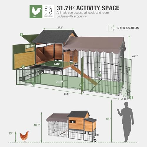 GUTINNEEN Extra Large Mobile Chicken Coop with Wheels, Large Outdoor Hen House with Run for 4-6 Chickens, Wooden Poultry Cage with Nesting Box, Metal Sliding Tray, Waterproof Cover - color: Brown and Black