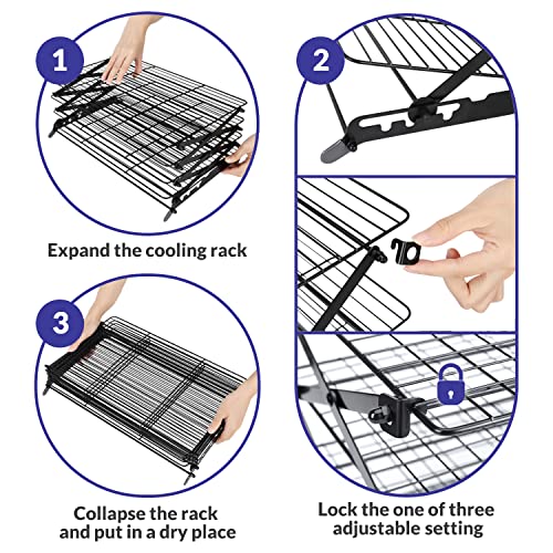 Geesta 2/3/4-Tier Upgraded Collapsible Cooling Rack with Adjustable 3 Setting Design Stackable Roasting Cooking Drying Wire Cooling Rack for Cookies Baking Gifts for Women - color: Black