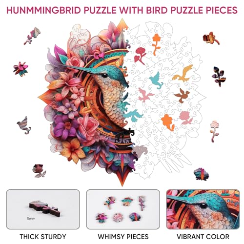 Ruikiyart Wooden Puzzles for Adults, Hummingbird Jigsaw Puzzles, 200 Pieces | Unique Shaped Wooden Puzzles with Puzzle Saver, Room Decor, Gifts for Family and Friends, 5 mm Thick(11.3"*11.3") - color: Hummingbird, size: 200 Pieces