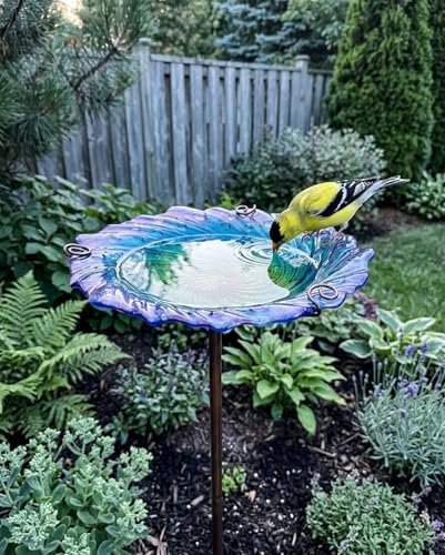 Blue Glass Bird Bath, 10.5" Shallow Birdbath with 3-Prong Stake | Decorative Birdbath Bowl & Wild Bird Feeder for Garden, Patio, Backyard Decor