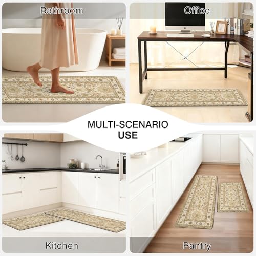 Boho Kitchen Mat, 2PCs, 17.3" x 47" + 17.3" x 29", Cream & Gold | Non-Slip Cushioned Comfort Washable Anti-Fatigue Floor Rug, Ergonomic Standing Rugs, Set of 2 for Home, Sink, Laundry - color: Black-1