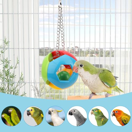 Hypeety Parrot Colorful Ball Toys with Bell Cage Hanging Chewing Ball Toy | With jingle bell inside, durable, chewproof plastic, easy-hanging, for parakeet/conure/cockatiel/small medium bird, 1 ball, C - color: Blue, Yellow, Red