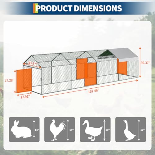 GAOMON Large Metal Chicken Coop with Waterproof and Anti-UV Cover, 160" x40" x40" Chicken Run with 4 Doors, Outdoor Hen House for Yard, Walk in Poultry Cage for Rabbit Duck Goose, Silver