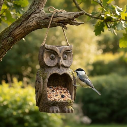 Owl Bird Feeder for Outdoors Hanging, Resin Sculpture Wild Birdfeeders with Lanyard, Decorative Birdhouse for Garden Yard, Weather Resistant Animal Planter for Outside