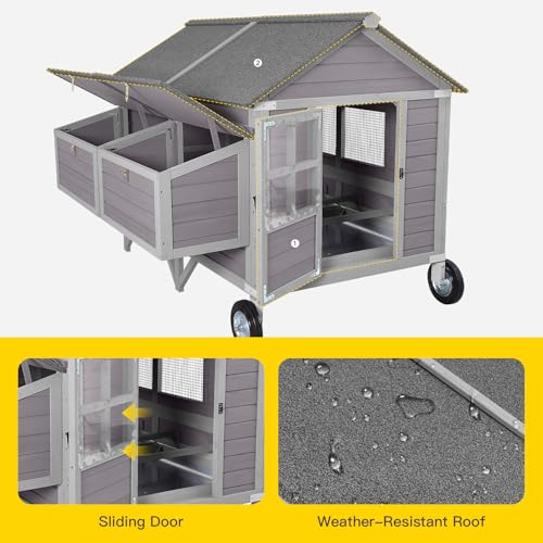 Aivituvin Chicken Coop Large Mobile Wooden Hen House with Nesting Box, Poultry Cage with Strong Iron Frame, Waterproof (Grey, AIR97) - size: 68.1"L x 53.9"W x 49.0"H