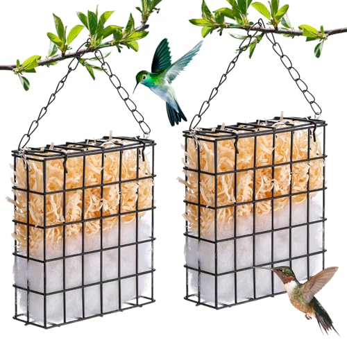2 Set Hummingbird Nesting Material Hanging Cage Holder with Natural Cotton Raffia Gift for Bird Lover Hummingbird House Material for Wild Bird Outdoor Garden Home Resting Place(Black) - color: Black