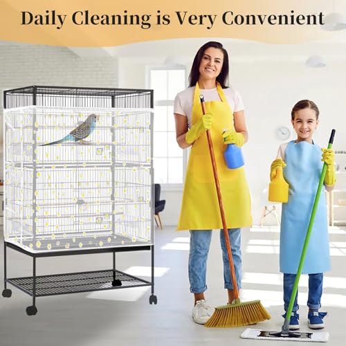 Daoeny 2PCS Bird Cage Seed Catcher, Large Bird Cage Cover, Adjustable Soft Airy Nylon Mesh, Birdcage Cover Skirt Seed Guard for Parrot Parakeet Macaw Round Square Cages (Black & White Daisy) - color: Black & White Daisy