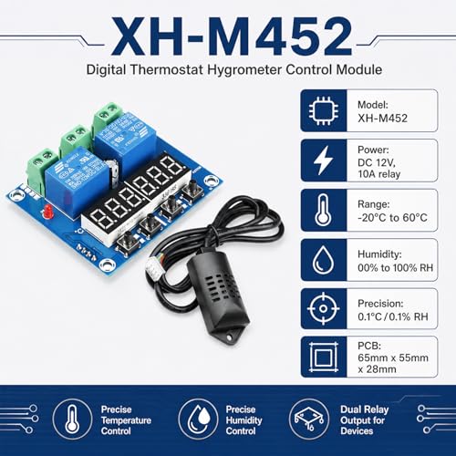 2-Pack XH-M452 Humidity Controller Digital Thermostat, Dual Relay 10A | DC 12V, LED display, independent heating and humidity control, for furnace, humidifier, and incubation projects