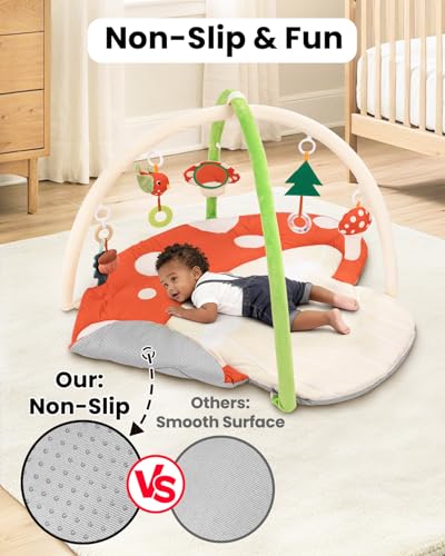 Thickened Baby Play Gym, Machine Washable Playmat | Extra Large Activity Mat, Tummy Time Mat with 5 Detachable Toys for Motor Skills, Non-Slip Bottom, For nursery, Mushroom