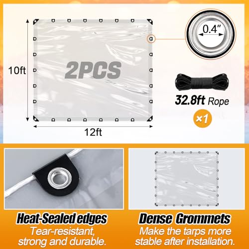 10x12ft Anti-Tear Clear Tarp Waterproof - 2pcs Windproof Poly Tarpaulin, Heavy Duty Transparent Enclosure with Grommets for Covering Chicken Coops Greenhouse Garden Plants - size: 10x12ft