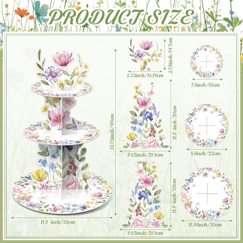3 Tier Wildflower Party Decoration Baby in Bloom Baby Shower Cupcake Stand Spring Wildflower Cupcake Tower Floral Themed Cake Holder Dessert for Flower Birthday Party Decoration Supplies - style: Wildflower