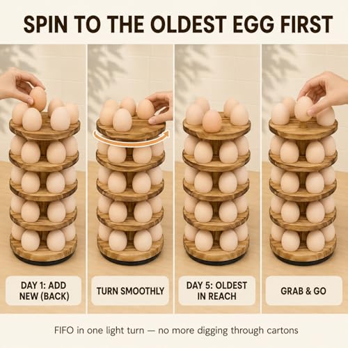 Wooden Egg Holder Countertop, 5 Tier 360° Rotating Fresh Eggs Storage Rack with 30 Slots, Pine Stackable Farmhouse Tower, Space-Saving Kitchen Organizer for Chicken Duck Easter - color: 30 Eggs - 5 Tier Round