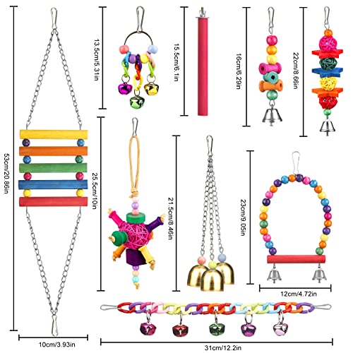 Bird Toys for Conures with Colorful Ladder Hammock Bird Cage Accerious Bird Perch Stand Chewing Toys Hanging Bell for Parrot Parakeet Cockatiel Lovebirds