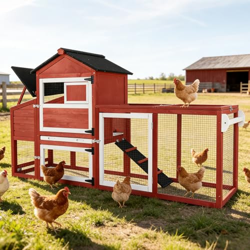 GUTINNEEN Large Chicken Coop with Run for 4-6 Chickens, Mobile Chicken Coop with Wheels & Handle, Outdoor Wooden Hen House with Nesting Box, Removable Tray, Waterproof Roof, Poultry Cage-Red - size: 82.4"L x 25.8"W x 44.1"H-Red