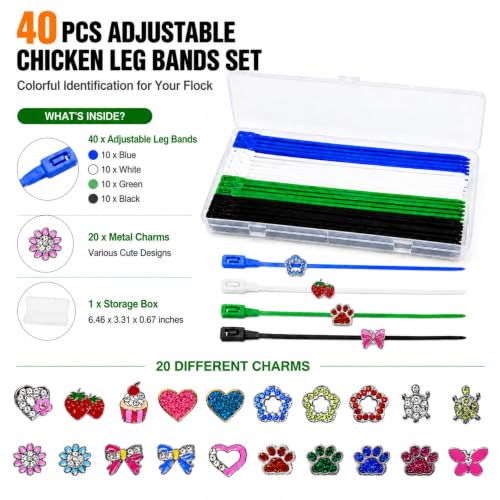 Adjustable Chicken Leg Bands with Charms, Reusable Quick-Release Tags | 40 Reusable Leg Bands with Quick-Release Buttons and 20 Charms for Chickens, Ducks, Geese & Turkeys, Includes Storage Box