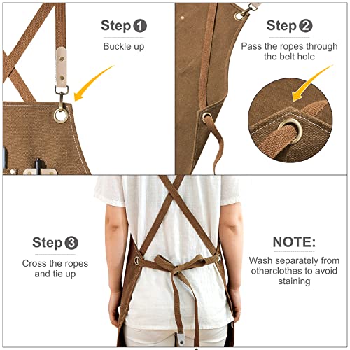 Hongsome Cotton Canvas Cross Back Apron for Art Painting Garden Chef Bartender Work,Women Men 3 Pockets Waterproof M-XXL - color: Brown