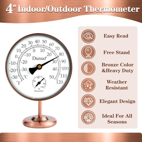 4-Inch Brass Outdoor Thermometer & Humidity Gauge, Tabletop | Battery-Free Analog Gauge, °F/°C Dual Scale, Antique Copper Stand, Vintage Home Decor for Desk, Bedroom & Patio