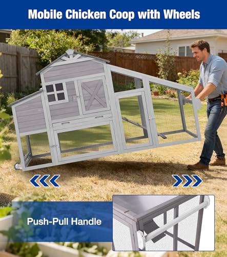 Mobile Chicken Coop with Run, Large Wooden Chicken House with Wheels, Duplex Hen House with Nesting Box, Slide-Out Tray, Waterproof Roof, Accommodates 2-4 Chickens - Grey - color: 73.4“L Light Grey