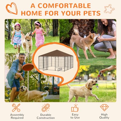 PawHut Outside Dog Kennel, 7' x 7' x 5' Puppy Play Pen with Canopy, Garden Playpen Fence Crate Enclosure Cage Rotating Bowl, for Dogs, Chickens, Ducks, Black | Puppy Play Pen, Garden Fence Crate Enclosure Cage, Rotating Bowl for Dogs Chickens Ducks - size