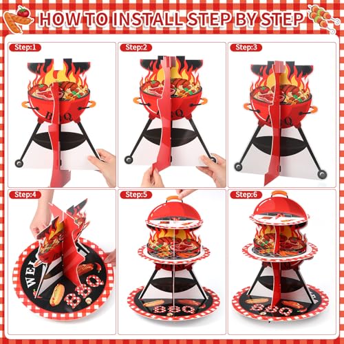 3 Tier BBQ Party Decorations Baby Q Baby Shower Cake Stand Barbecue Theme Summer Cupcake Tower BQQ Table Decor Red and Black Gingham Cake Holder for Summer Picnic Camping Party Decor Supplies - style: Bbq