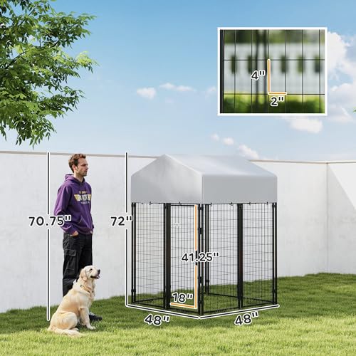 PawHut Outdoor Dog Kennel with Roof, 4' x 4' x 6' Heavy Duty Welded Wire Dog Playpen Enclosure with Escape-Proof Lock, UV-Resistant & Waterproof Cover, for Medium Dogs, Chickens, Ducks, Silver | Heavy Duty Welded Wire Dog Playpen Enclosure, Escape-proof L