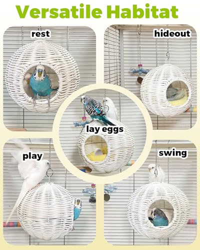Chewproof Steel Frame Bird Nest for Cage, Washable Small Bed Hammock | Bird Hideout Lay Eggs Parakeet Nest Sleep Rest, Parakeet Warm Bed House Hut for Lovebird, Canary, Budgie, with Cushion - color: S-Long Chain-white for Small Birds