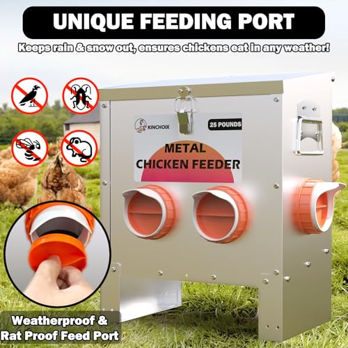 Metal Chicken Feeder Large Capacity 25lbs Automatic Metal Chicken Feeders No Waster Weatherproof Poultry Feeder for Chickens, Geese, Ducks, Turkeys (4-Port) - style: 25lb Feeder with 4 Ports