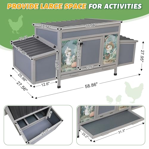 COZIWOW Chicken Coop with Nesting Boxes & Perches 59'' Large Poultry Hutch | 4 Openable Doors, Fresh Air Ventilation, Weatherproof Wooden Hen House with Pull-Out Tray, Cage for Chickens, Ducks & Rabbits